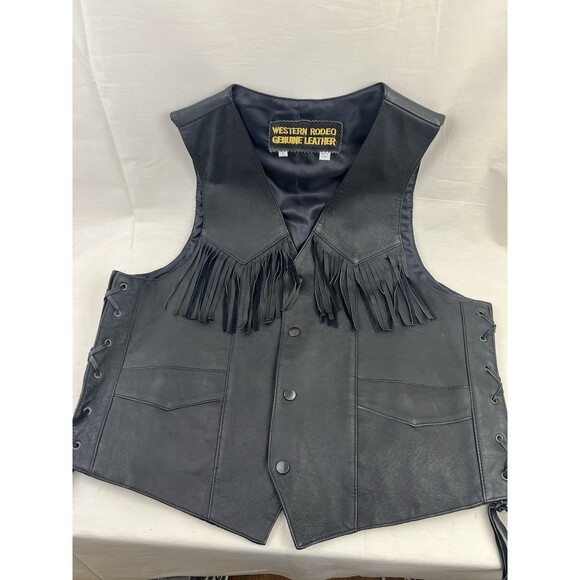 Western Rodeo Leather‎ Biker Vest Men's XL  Black Eagle Fringe Western Rocker - Picture 8 of 11